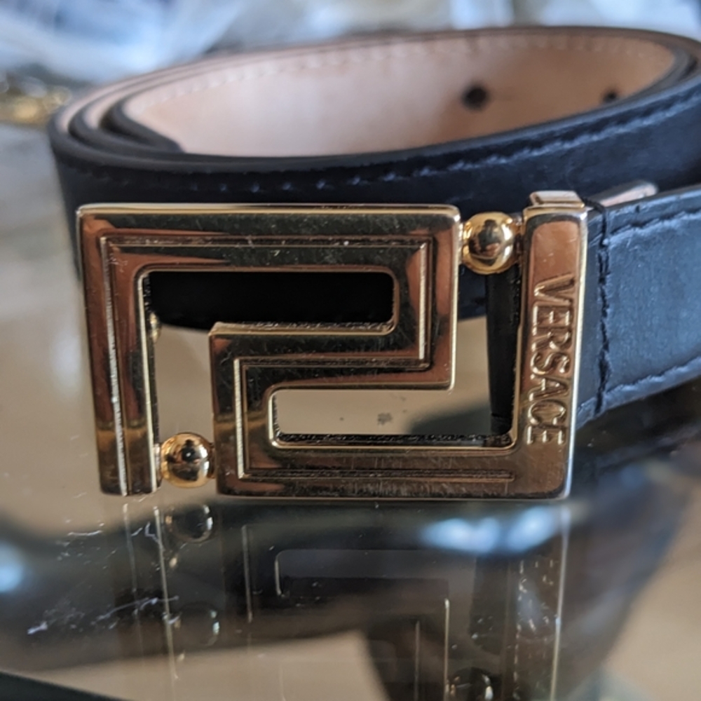 Versace Black Leather Belt with Gold Buckle